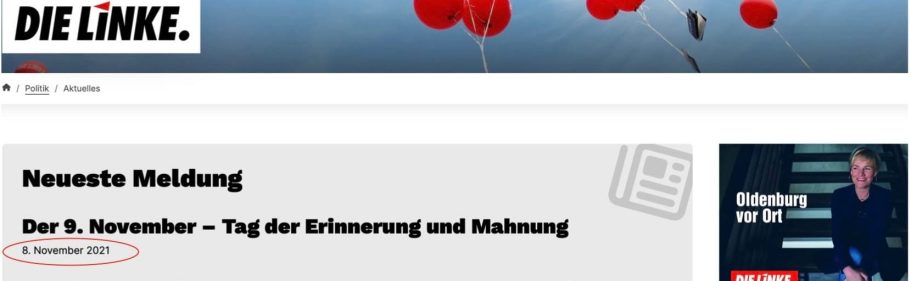 Ausschnitt aus Website von Simone Oldenburg Unter dem Schriftzug "DIE LINKE." Text mit Überschrift "Neueste Meldung" Weiter unten dann das Datum "8. November 2021"