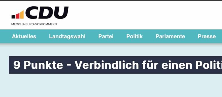 Titel "9 Punkte..." auf Website der CDU MV Website-Ausschnitt: CDU-Kopfzeile, darunter "9 Punkte - Verbindlich für einen Poiitik-Wechsel"