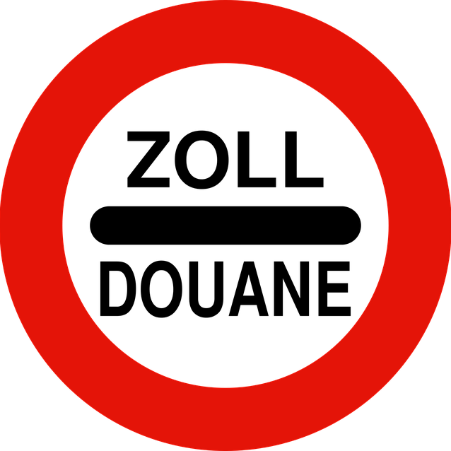 Schild mit Logo-Charakter. Aufschrift "Zoll" und "Douane"