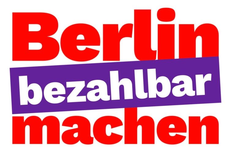 Slogan der Berliner Linke Schriftzug "Berlin bezahlbar machen", das erste und dritte Wort in Rot, das zweite in Weiß auf lilafarbenem Hintergrund.