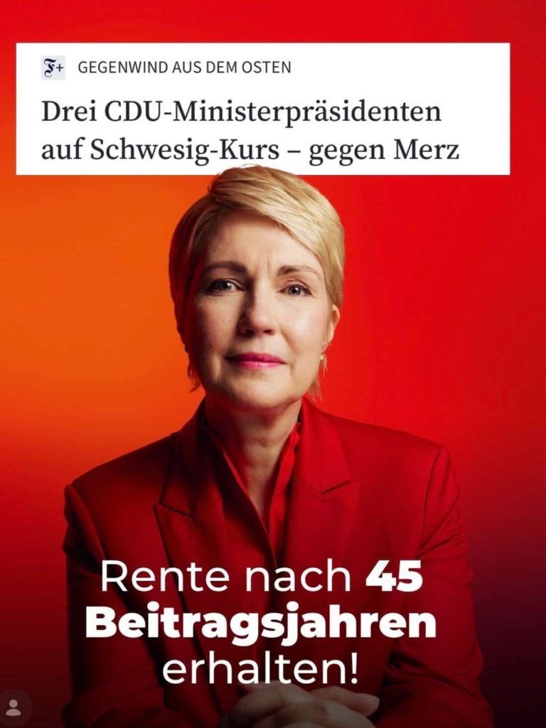 Post aus instagram-Kanal von Manuela Schwesig M.S. vor rotem Hintergrund, darüber Text: "Rente nach 45 Beitragsjahren erhalten!"
