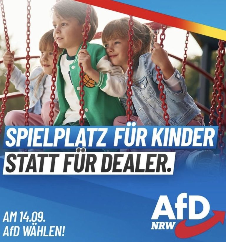 Instagram-Post der AfD zur Kommunalwahl NRW Drei Jungs auf einem Spielplatz. Darunter Schrift: "Spielplatz für Kinder statt für Dealer."
