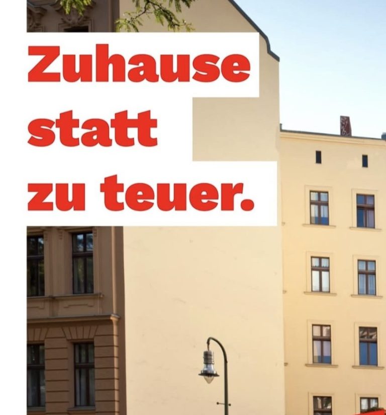 Ausschnitt Instagram-Post der Linken NRW zur Kommunalwahl Mietshaus-Block, dadrüber Schrift: "Zuhause statt zu teuer."